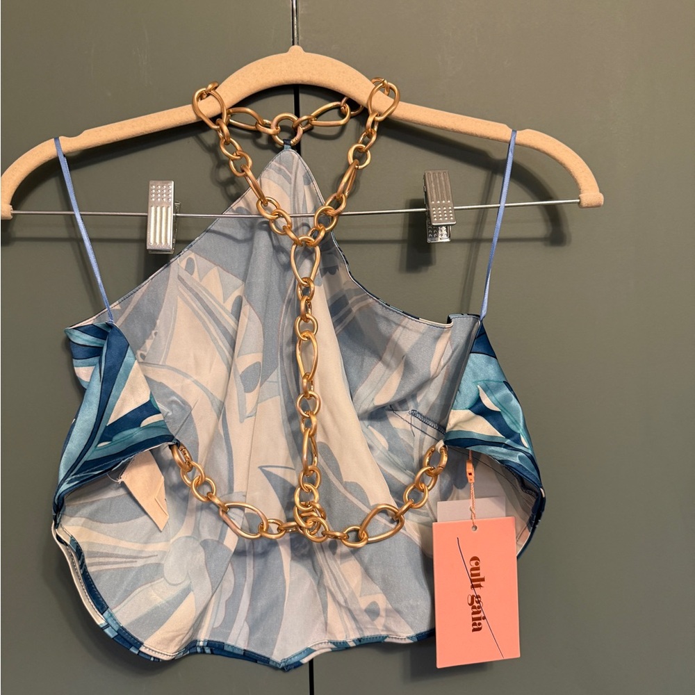 NWT Cult Gaia Olivine Backless Gold Chain Detail Halter Crop Top Paisley Blue M - Picture 6 of 9